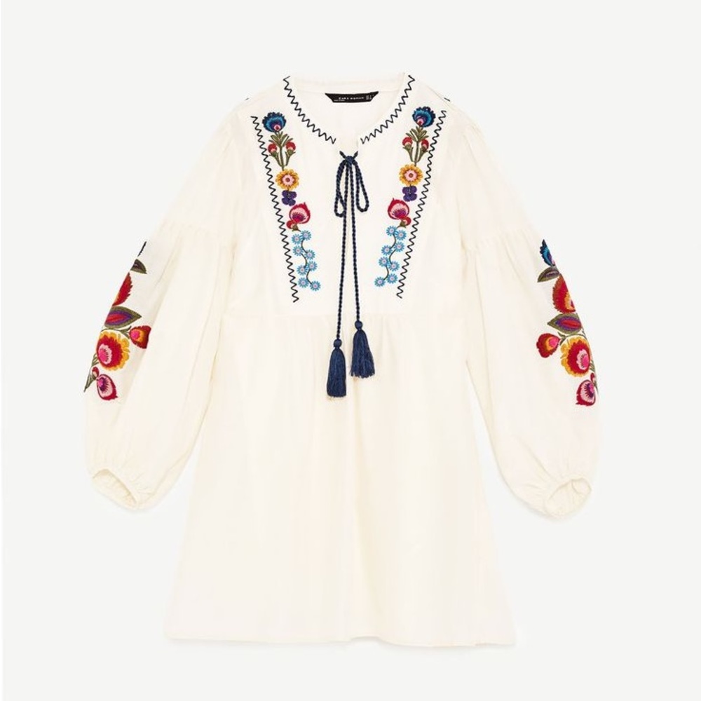 Zara Ivory Embroidered Mini Dress with Balloon Sleeves & Tassel Ties
